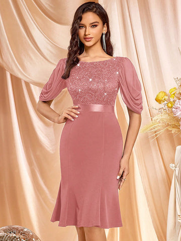 MIUSOL Elegant Sequin Floral Lace Half Sleeve Mermaid Hem Cocktail Party Fitted Dress