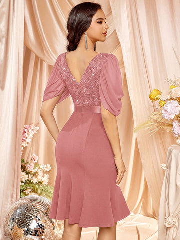 MIUSOL Elegant Sequin Floral Lace Half Sleeve Mermaid Hem Cocktail Party Fitted Dress