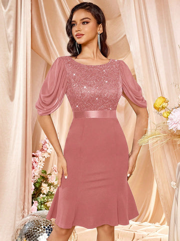 MIUSOL Elegant Sequin Floral Lace Half Sleeve Mermaid Hem Cocktail Party Fitted Dress