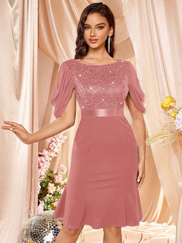 MIUSOL Elegant Sequin Floral Lace Half Sleeve Mermaid Hem Cocktail Party Fitted Dress