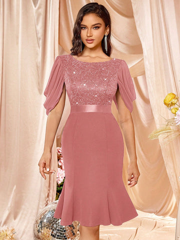 MIUSOL Elegant Sequin Floral Lace Half Sleeve Mermaid Hem Cocktail Party Fitted Dress