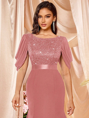 MIUSOL Elegant Sequin Floral Lace Half Sleeve Mermaid Hem Cocktail Party Fitted Dress