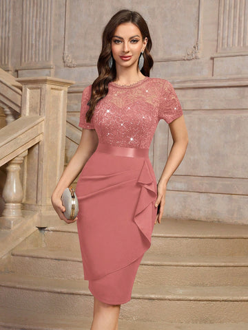 MIUSOL Elegant Sequin Floral Lace Ruffle Trim Wrap Hem Cocktail Party Fitted Dress