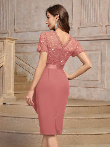 MIUSOL Elegant Sequin Floral Lace Ruffle Trim Wrap Hem Cocktail Party Fitted Dress