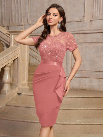 MIUSOL Elegant Sequin Floral Lace Ruffle Trim Wrap Hem Cocktail Party Fitted Dress