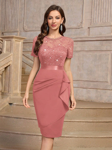 MIUSOL Elegant Sequin Floral Lace Ruffle Trim Wrap Hem Cocktail Party Fitted Dress