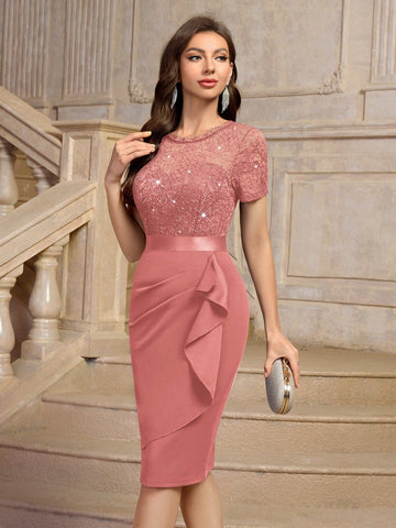 MIUSOL Elegant Sequin Floral Lace Ruffle Trim Wrap Hem Cocktail Party Fitted Dress