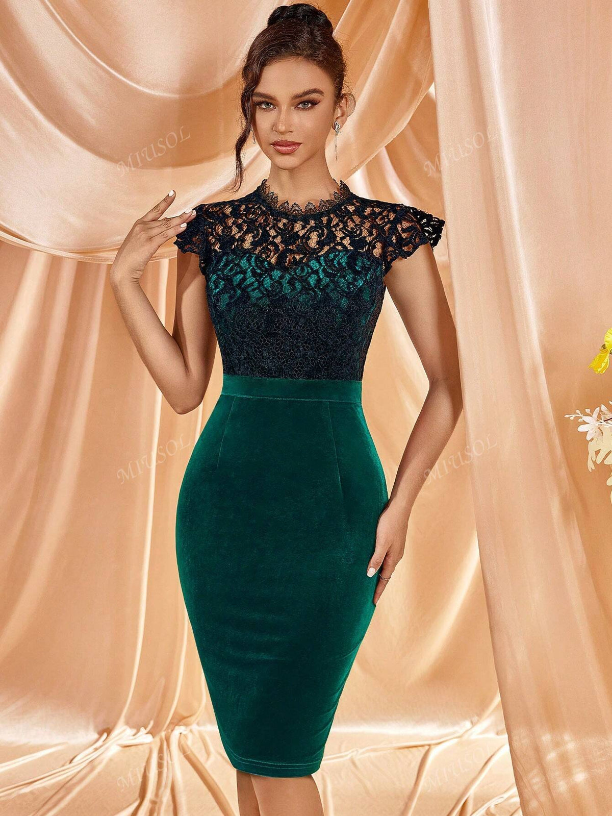 MIUSOL Elegant Velvet Lace Mock Neck Cap Sleeve Cocktail Party Fitted Dress