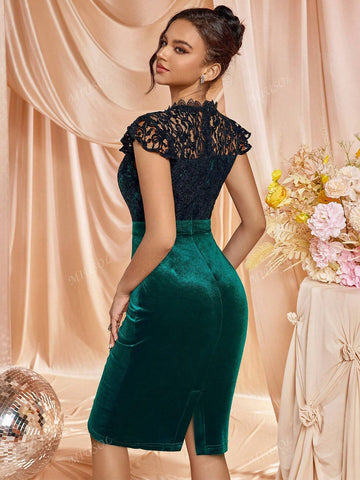 MIUSOL Elegant Velvet Lace Mock Neck Cap Sleeve Cocktail Party Fitted Dress