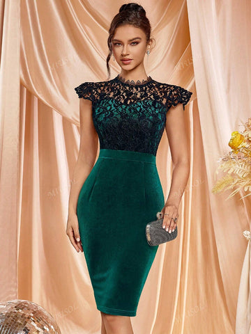 MIUSOL Elegant Velvet Lace Mock Neck Cap Sleeve Cocktail Party Fitted Dress