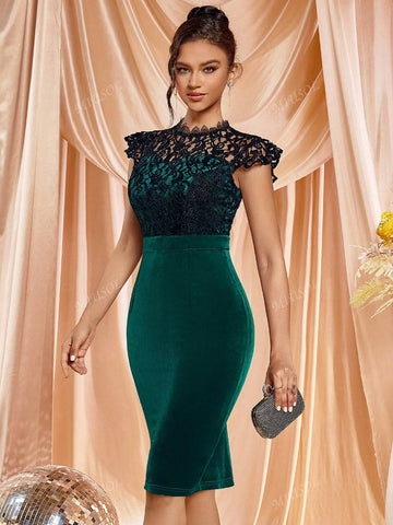 MIUSOL Elegant Velvet Lace Mock Neck Cap Sleeve Cocktail Party Fitted Dress