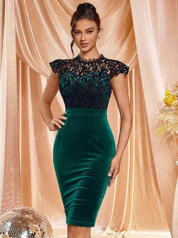 MIUSOL Elegant Velvet Lace Mock Neck Cap Sleeve Cocktail Party Fitted Dress