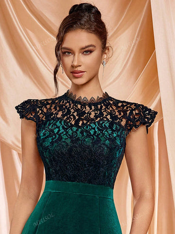 MIUSOL Elegant Velvet Lace Mock Neck Cap Sleeve Cocktail Party Fitted Dress