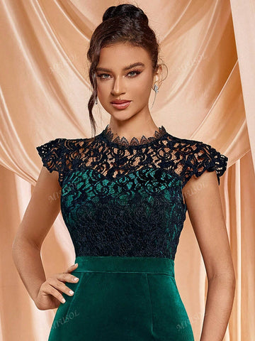 MIUSOL Elegant Velvet Lace Mock Neck Cap Sleeve Cocktail Party Fitted Dress