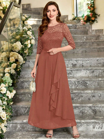 MIUSOL Floral Lace Bodice Ruffle Trim Chiffon Formal Party Maxi Dress