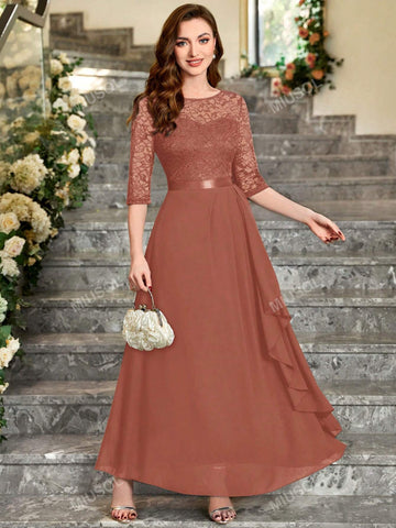 MIUSOL Floral Lace Bodice Ruffle Trim Chiffon Formal Party Maxi Dress