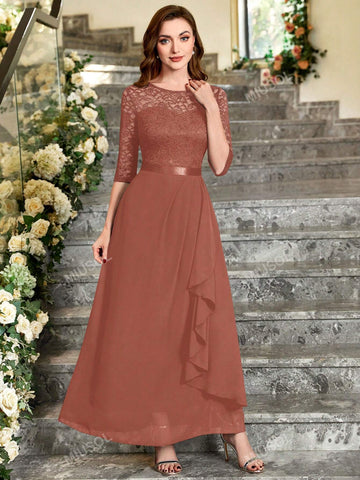 MIUSOL Floral Lace Bodice Ruffle Trim Chiffon Formal Party Maxi Dress