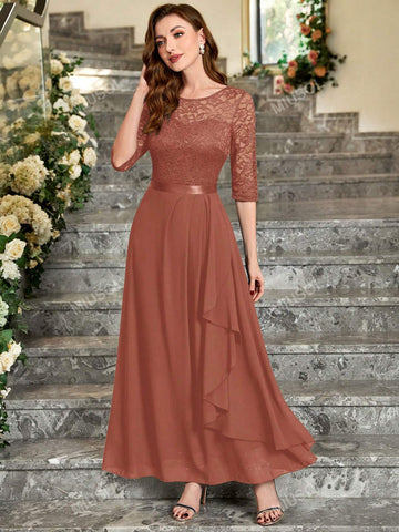 MIUSOL Floral Lace Bodice Ruffle Trim Chiffon Formal Party Maxi Dress