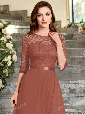 MIUSOL Floral Lace Bodice Ruffle Trim Chiffon Formal Party Maxi Dress