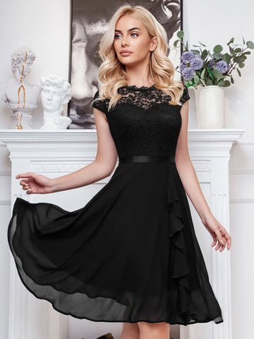 MIUSOL Floral Lace Bodice Ruffle Trim Cocktail Party Swing Dress