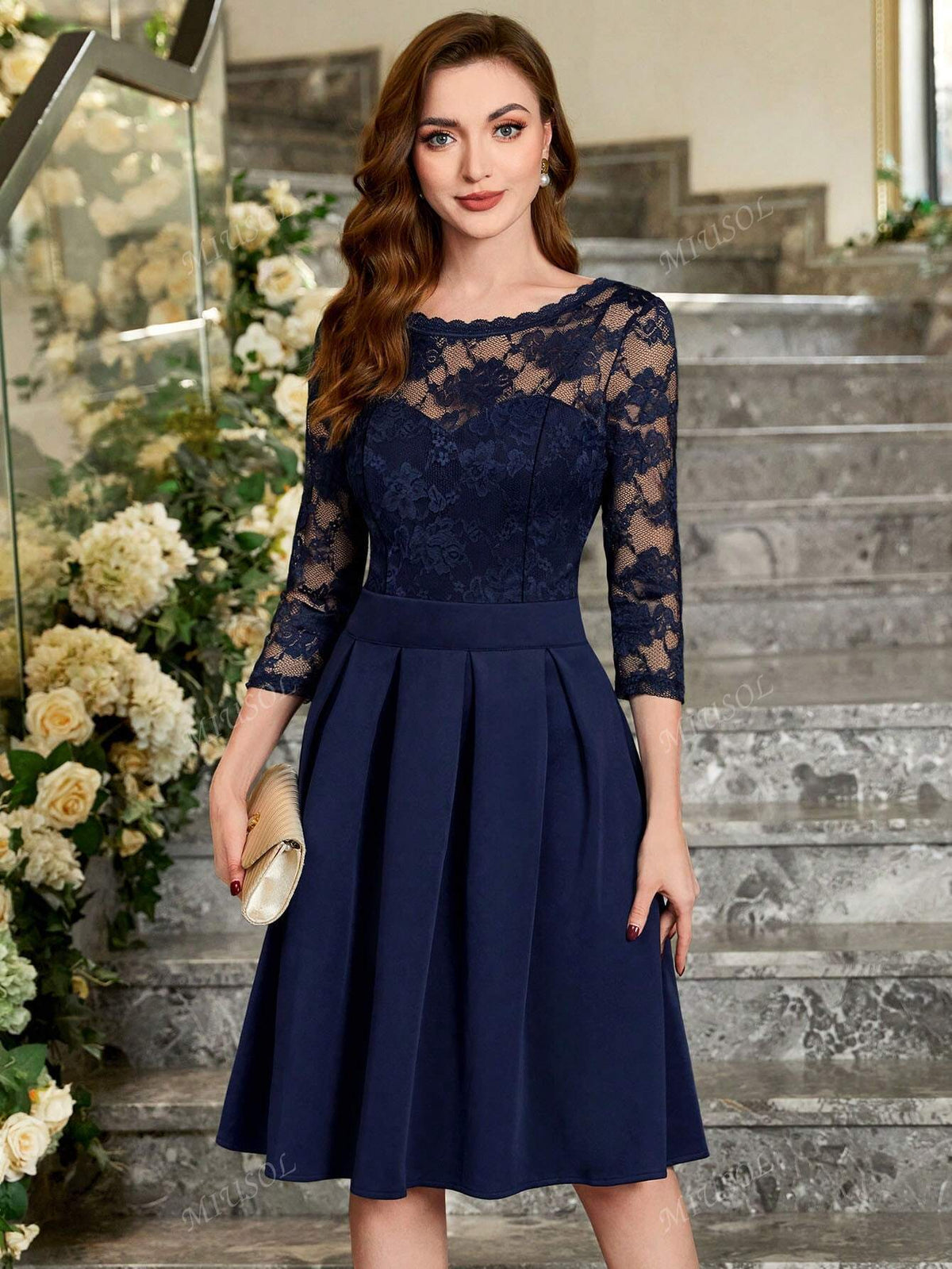 MIUSOL Floral Lace Round Neck Pleated Hem Prom Party Swing Dress