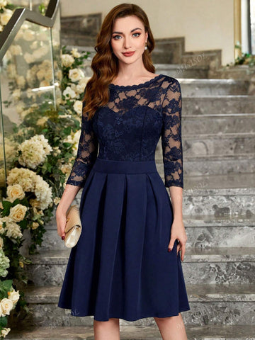 MIUSOL Floral Lace Round Neck Pleated Hem Prom Party Swing Dress