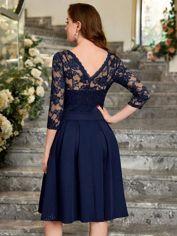 MIUSOL Floral Lace Round Neck Pleated Hem Prom Party Swing Dress