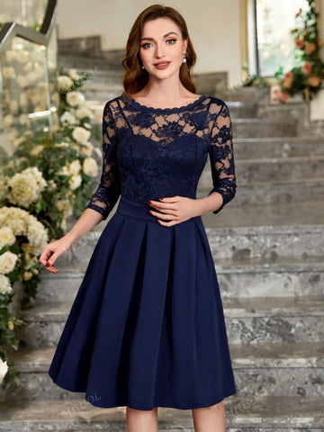 MIUSOL Floral Lace Round Neck Pleated Hem Prom Party Swing Dress