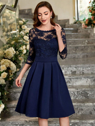 MIUSOL Floral Lace Round Neck Pleated Hem Prom Party Swing Dress