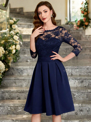 MIUSOL Floral Lace Round Neck Pleated Hem Prom Party Swing Dress