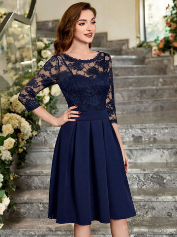 MIUSOL Floral Lace Round Neck Pleated Hem Prom Party Swing Dress