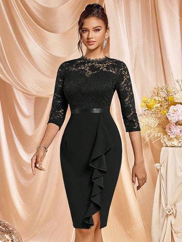 MIUSOL Floral Lace Ruffle Trim Split Thigh Cocktail Party Bodycon Dress