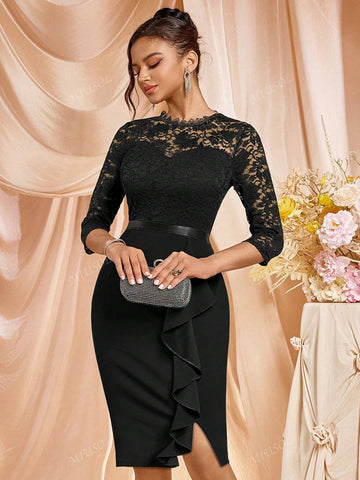 MIUSOL Floral Lace Ruffle Trim Split Thigh Cocktail Party Bodycon Dress