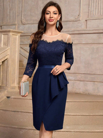 MIUSOL Floral Lace Ruffle Trim Wrap Hem Cocktail Party Bodycon Dress