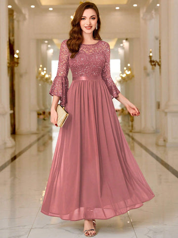 MIUSOL Floral Lace Sequin Insert Flare Sleeve Evening Party Long Dress