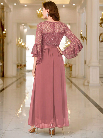 MIUSOL Floral Lace Sequin Insert Flare Sleeve Evening Party Long Dress