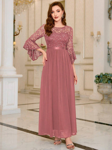 MIUSOL Floral Lace Sequin Insert Flare Sleeve Evening Party Long Dress