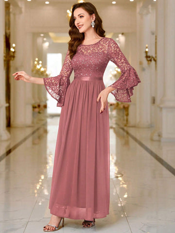MIUSOL Floral Lace Sequin Insert Flare Sleeve Evening Party Long Dress