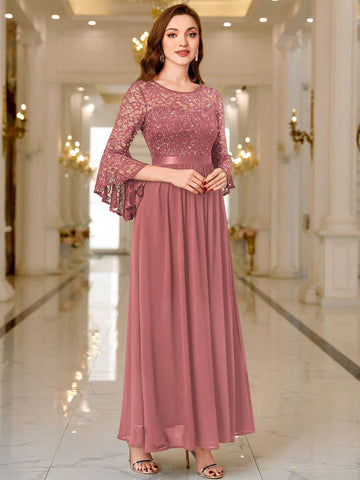 MIUSOL Floral Lace Sequin Insert Flare Sleeve Evening Party Long Dress