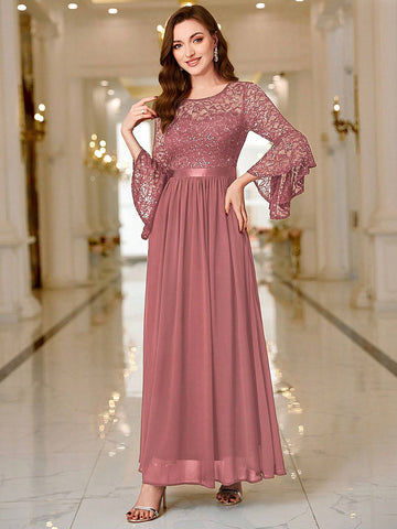 MIUSOL Floral Lace Sequin Insert Flare Sleeve Evening Party Long Dress