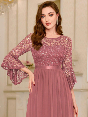 MIUSOL Floral Lace Sequin Insert Flare Sleeve Evening Party Long Dress