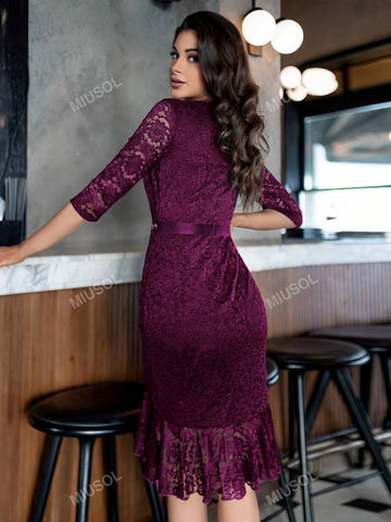 MIUSOL Full Floral Lace V-Neck Split Thigh Warp Hem Cocktail Party Bodycon Dress