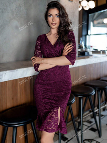 MIUSOL Full Floral Lace V-Neck Split Thigh Warp Hem Cocktail Party Bodycon Dress