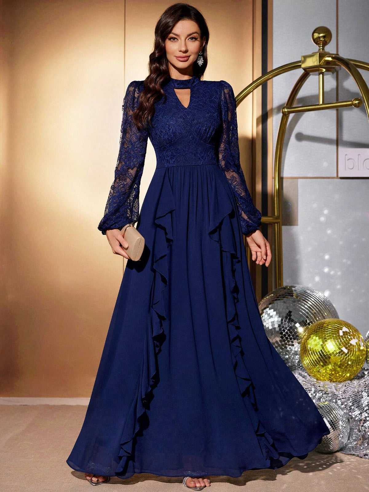 MIUSOL Lace Keyhole Neckline Lantern Sleeve Ruffle Trim Formal Party Maxi Dress