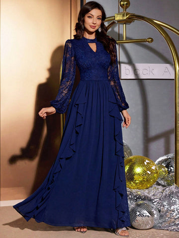 MIUSOL Lace Keyhole Neckline Lantern Sleeve Ruffle Trim Formal Party Maxi Dress