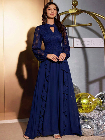 MIUSOL Lace Keyhole Neckline Lantern Sleeve Ruffle Trim Formal Party Maxi Dress