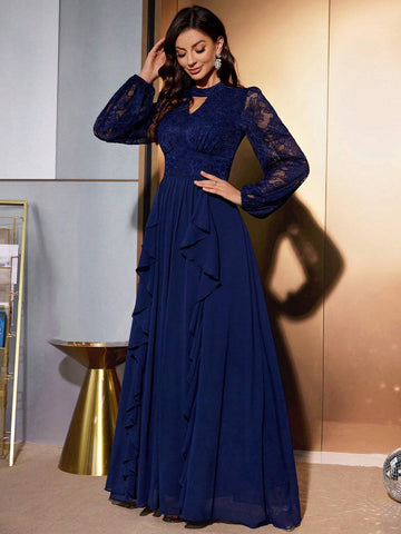 MIUSOL Lace Keyhole Neckline Lantern Sleeve Ruffle Trim Formal Party Maxi Dress