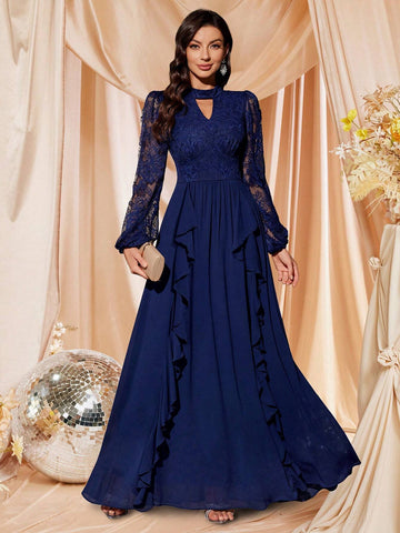 MIUSOL Lace Keyhole Neckline Lantern Sleeve Ruffle Trim Formal Party Maxi Dress