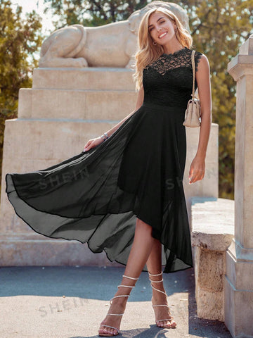 MIUSOL Lace Panel High Low Hem Chiffon Bridesmaid Dress