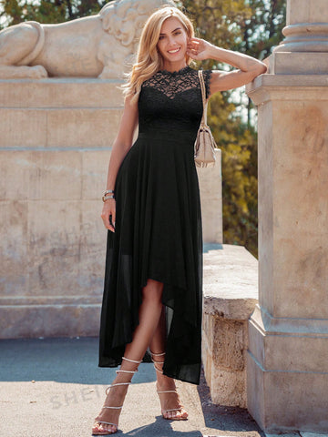 MIUSOL Lace Panel High Low Hem Chiffon Bridesmaid Dress